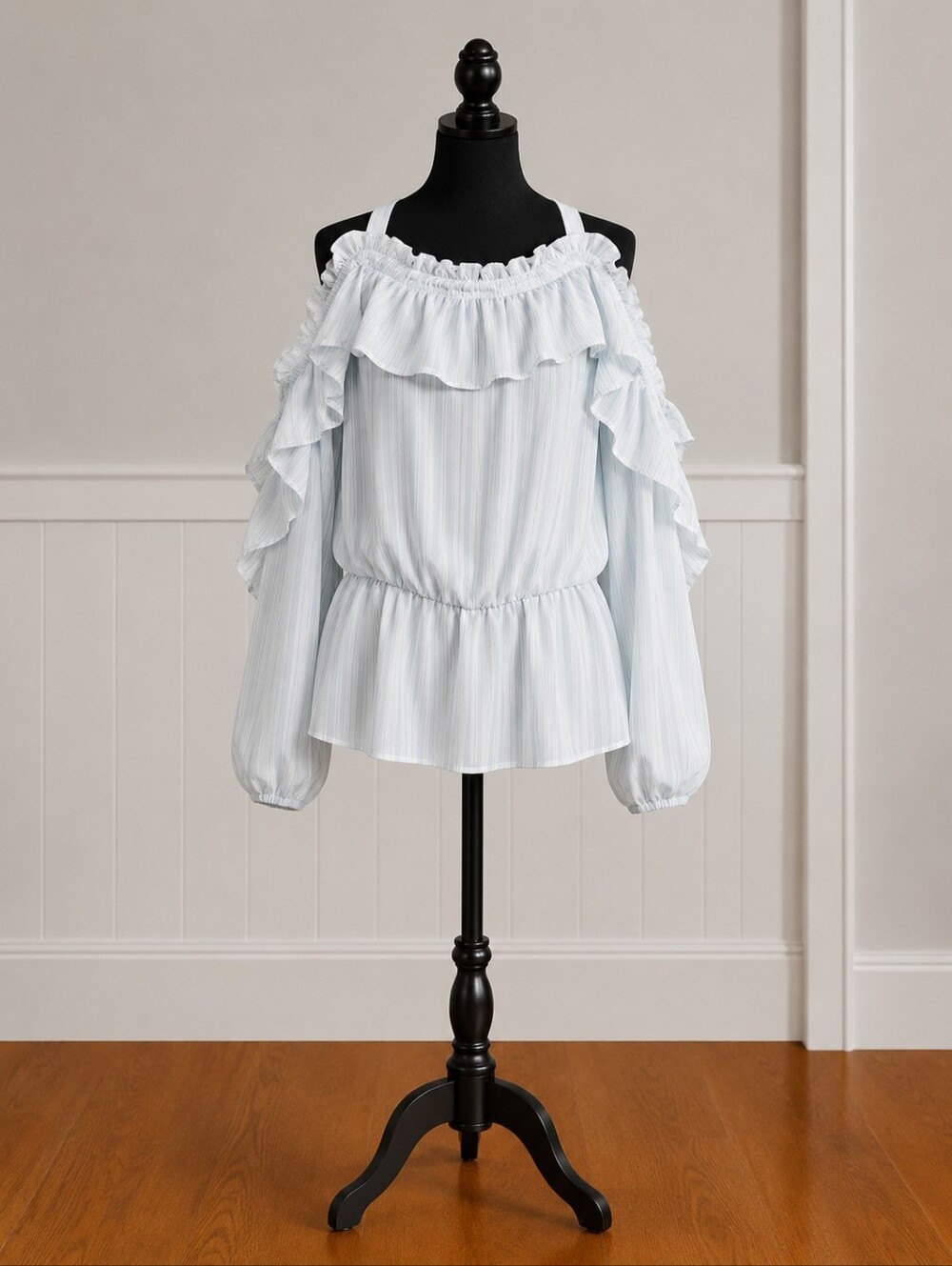 Belle Sky Ruffled White Striped Blouse